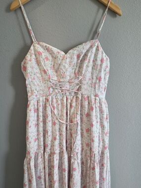Altar'd State White Floral Lace-Up Sundress with Pink & Green Accents